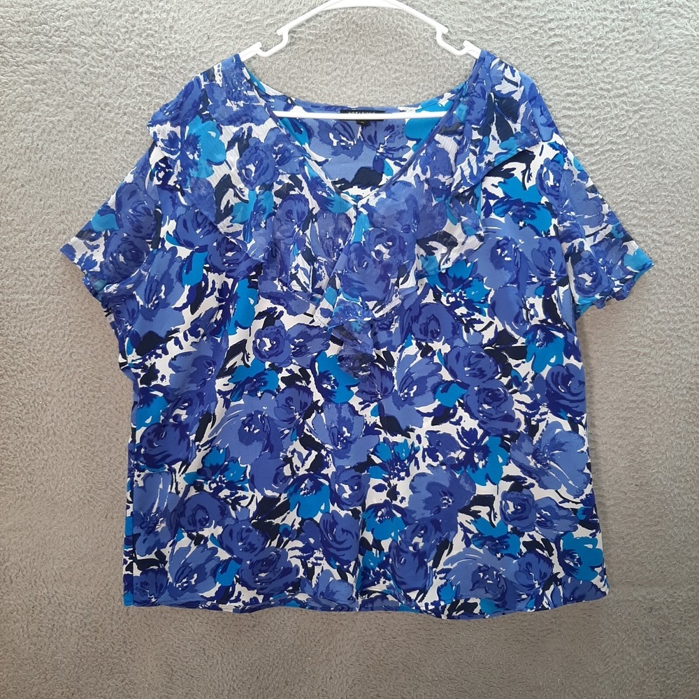 Notations Shirt Womens 3X Blue White Floral V Neck‎ Nautical Coastal Preppy